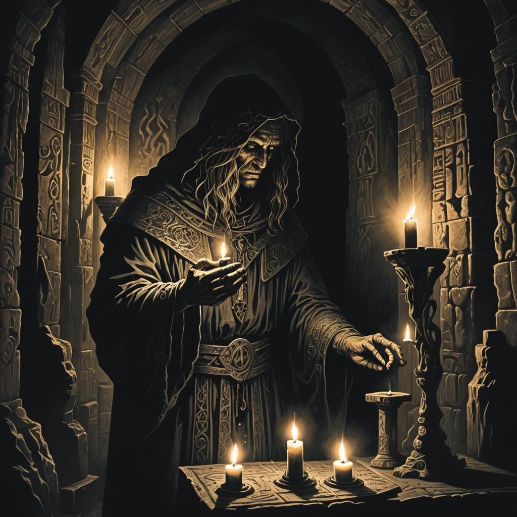 Mysterious Figure Holding Ancient Artifact in Dark Chamber