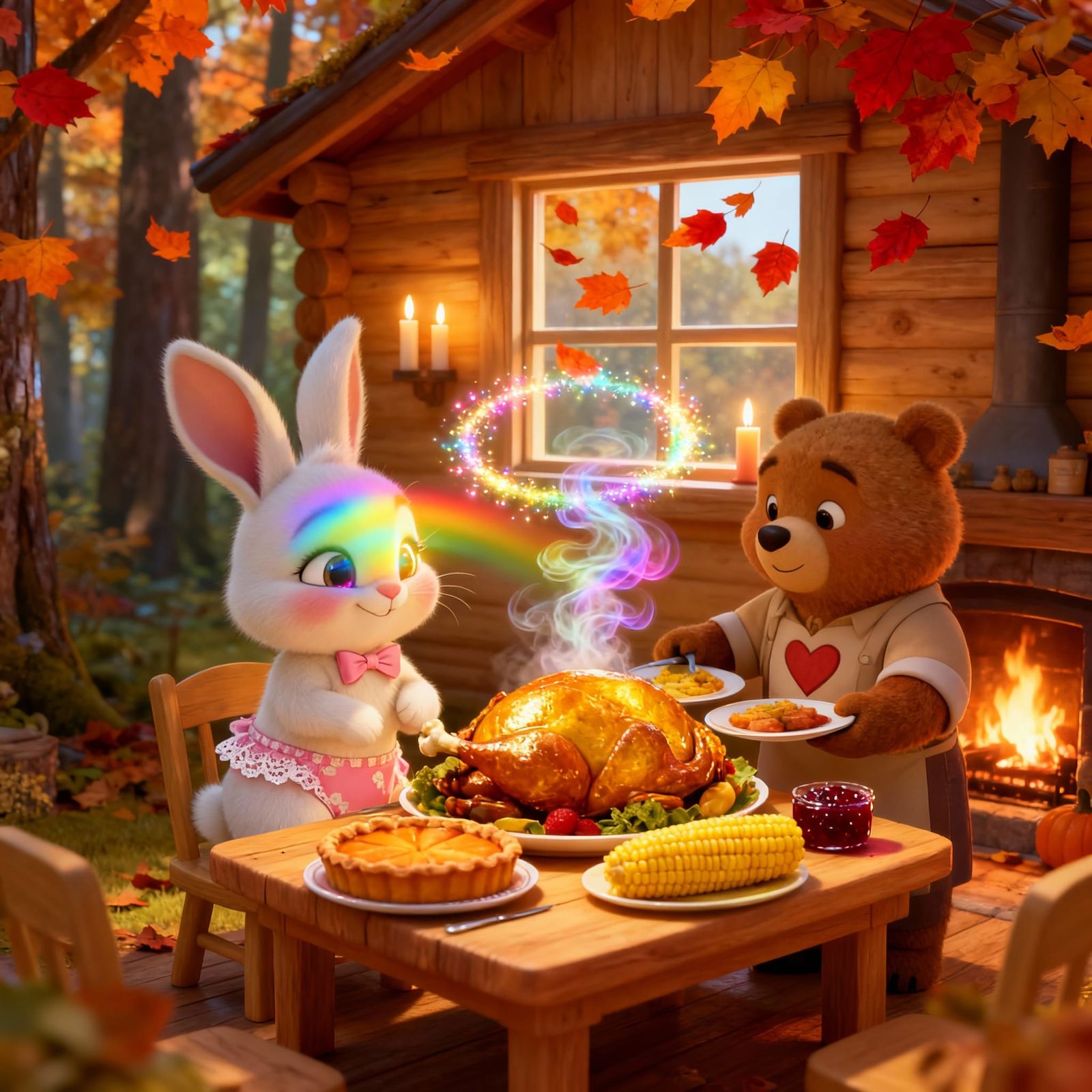 Pixar Style Thanksgiving Bunny and Bear Feast