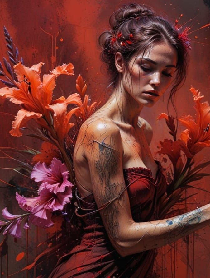 Grunge Watercolor Gladioli Blooms with Vibrant, Iridescent P...