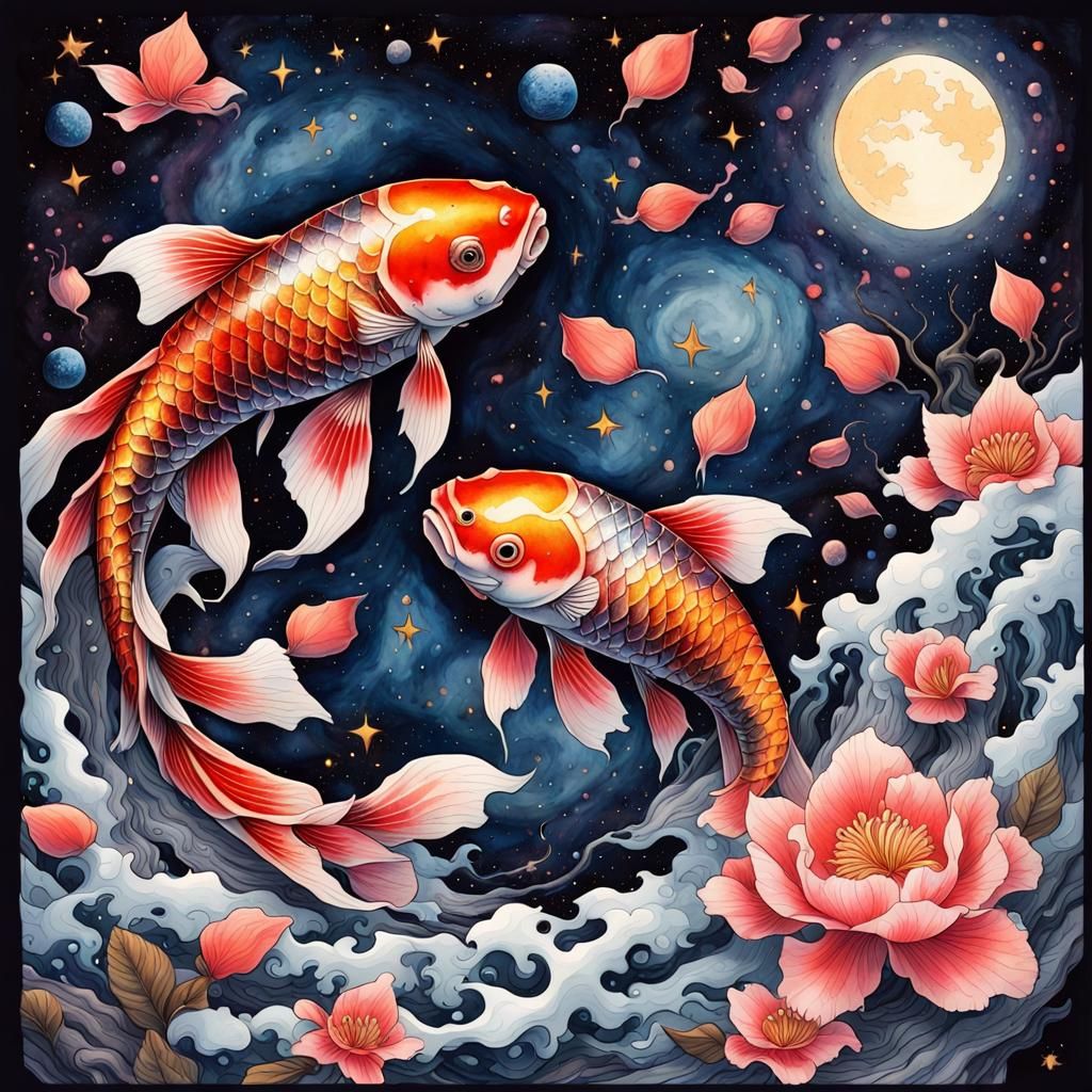Cosmic Koi Fish Under Cherry Blossom Sky