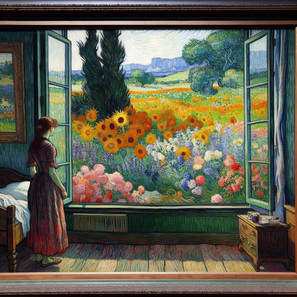 Woman Gazing at Meadow in Post-Impressionistic Style