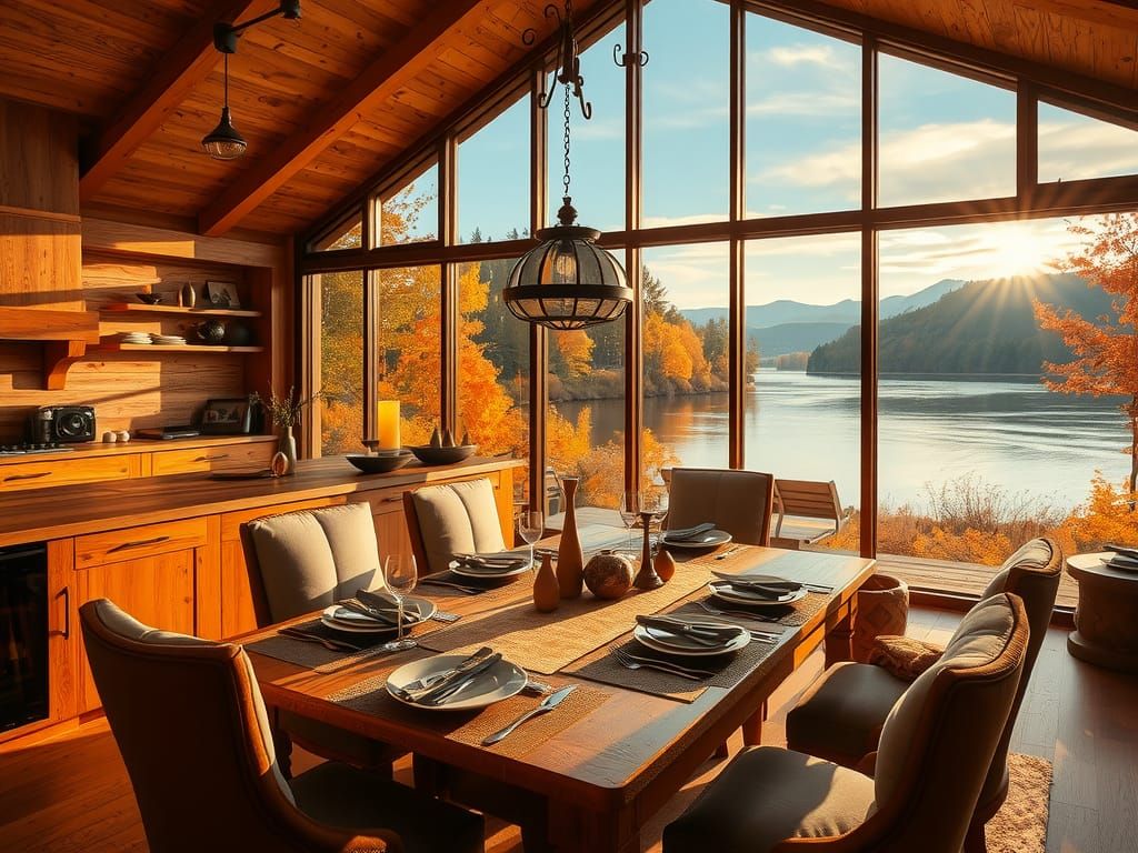 Lake House Dining with Autumn Foliage View