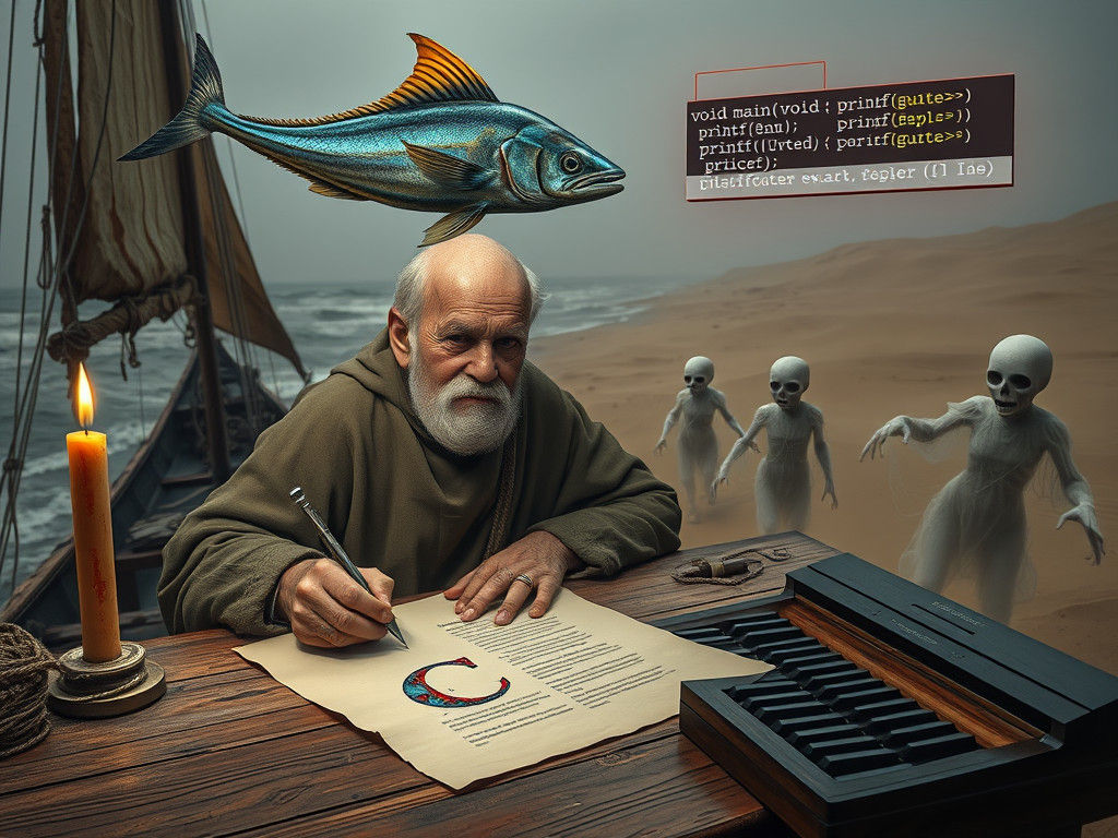 Monk Writes Letter C with Swordfish Guardian
