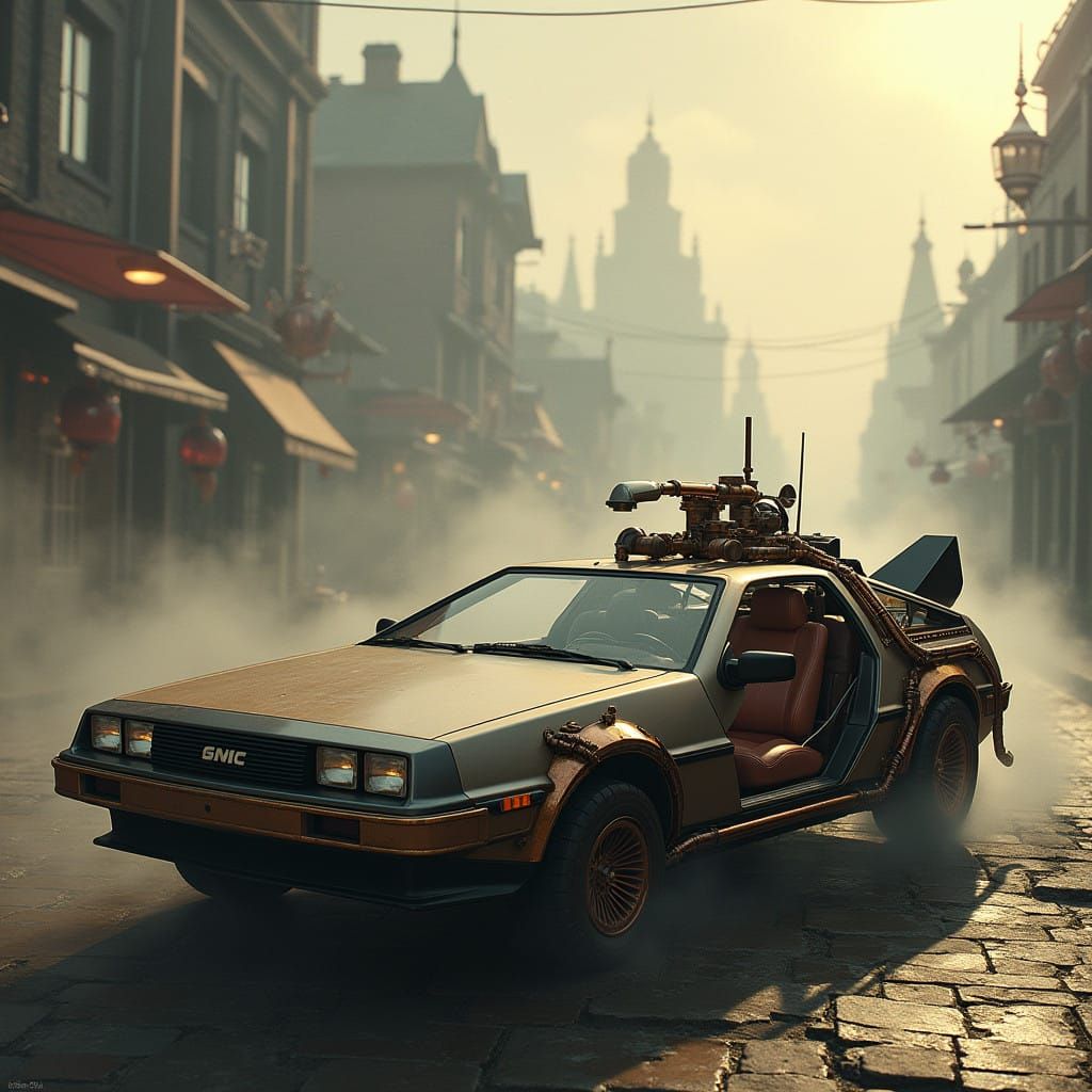 Steampunk DeLorean in Futuristic Cityscape
