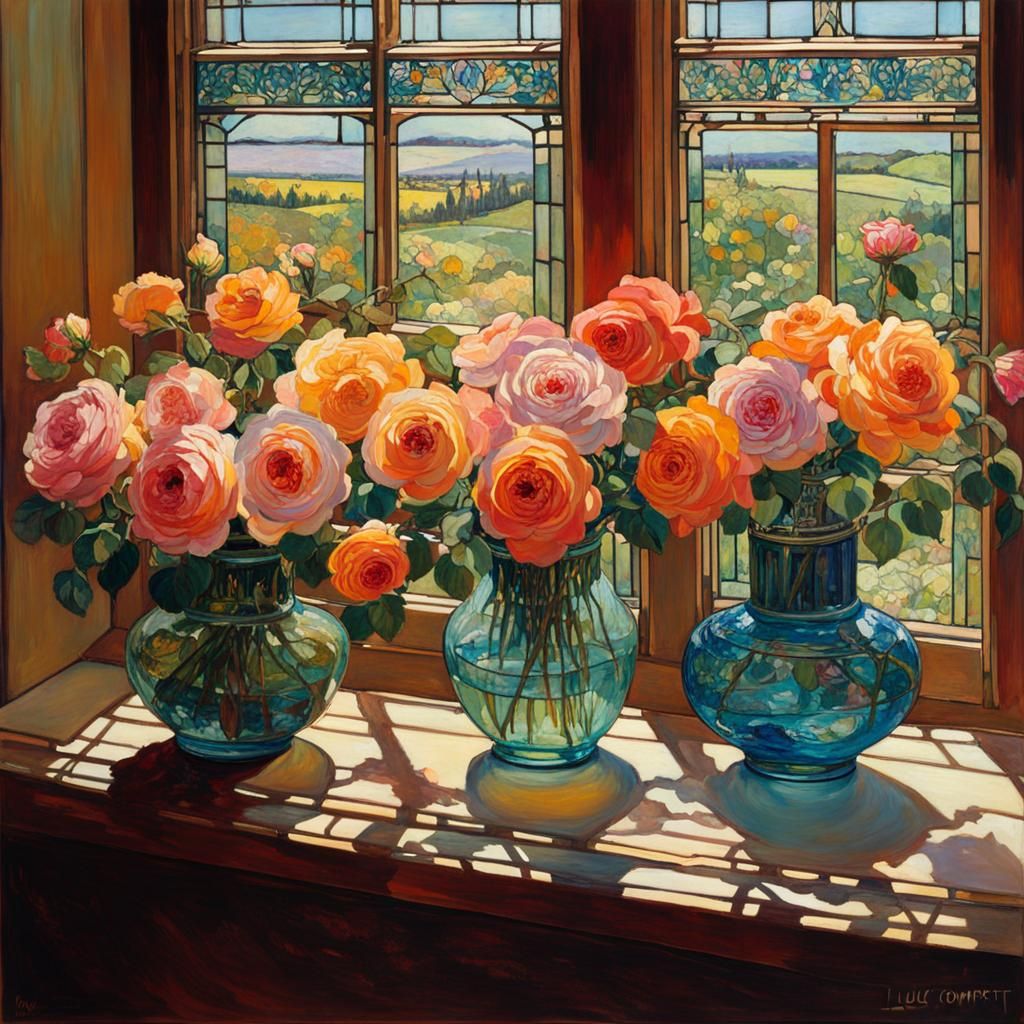 Roses in Vases, in Art Nouveau Style