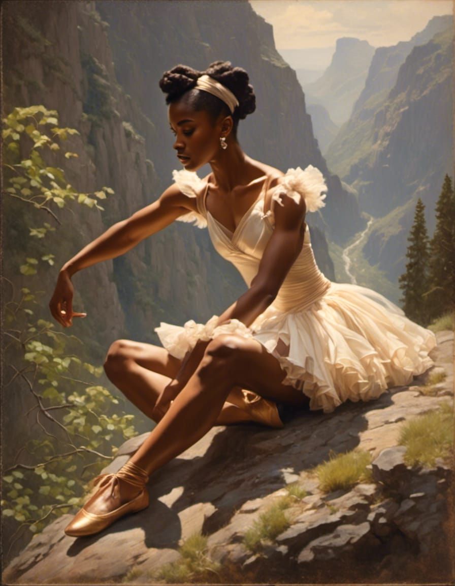Ballerina Tying Shoes on Mountain, Figurative Art