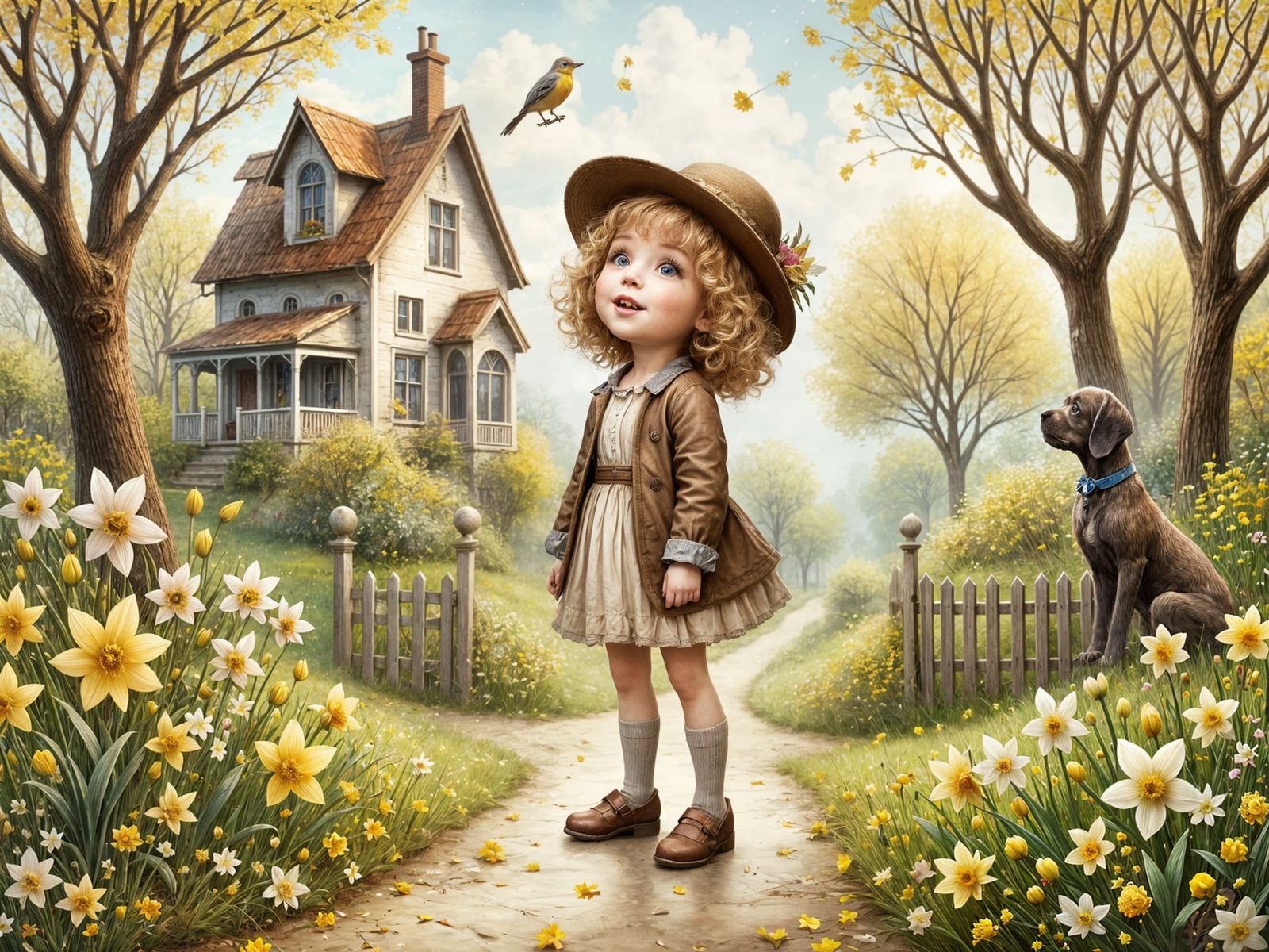 Whimsical Little Girl in Spring Garden