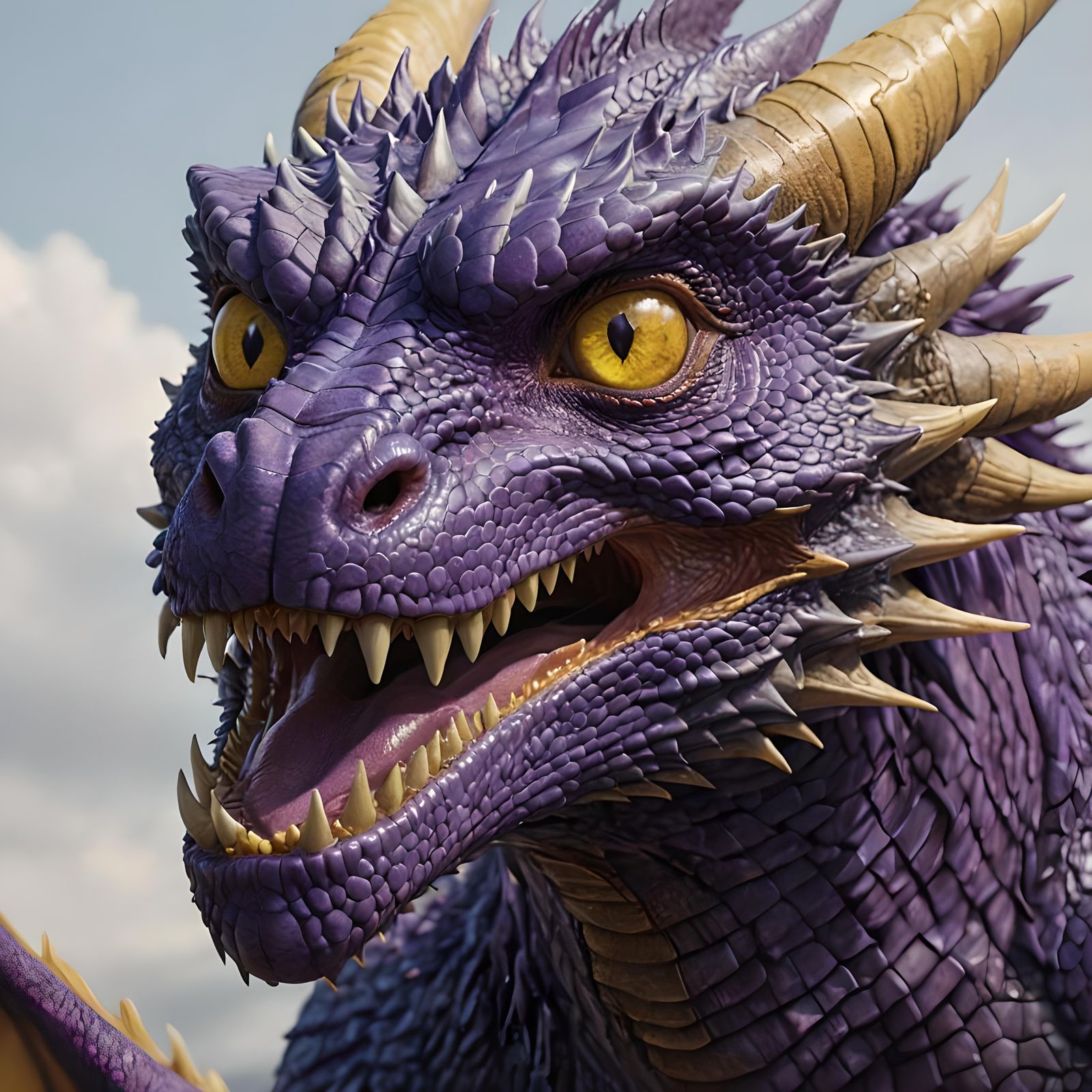 Hyperrealistic Purple Dragon with Yellow Eyes