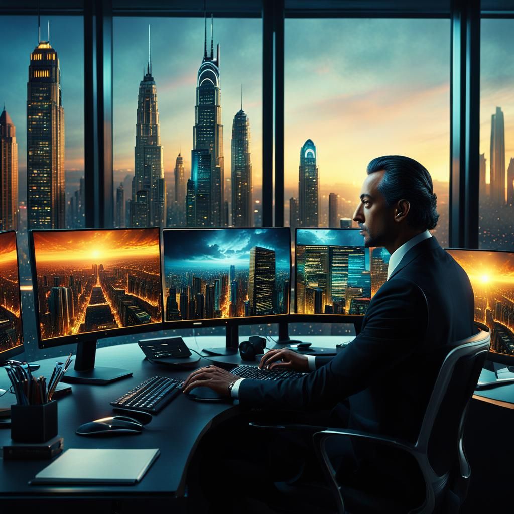 Person Working in Surreal Open Office Space