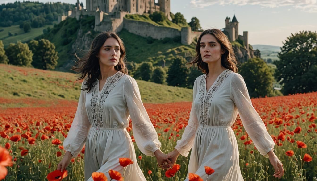 Woman in Poppy Field with Gothic Castle