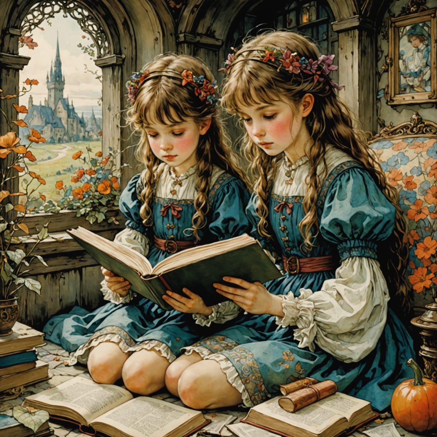 Anime Sisters Reading Book in Arthur Rackham Style
