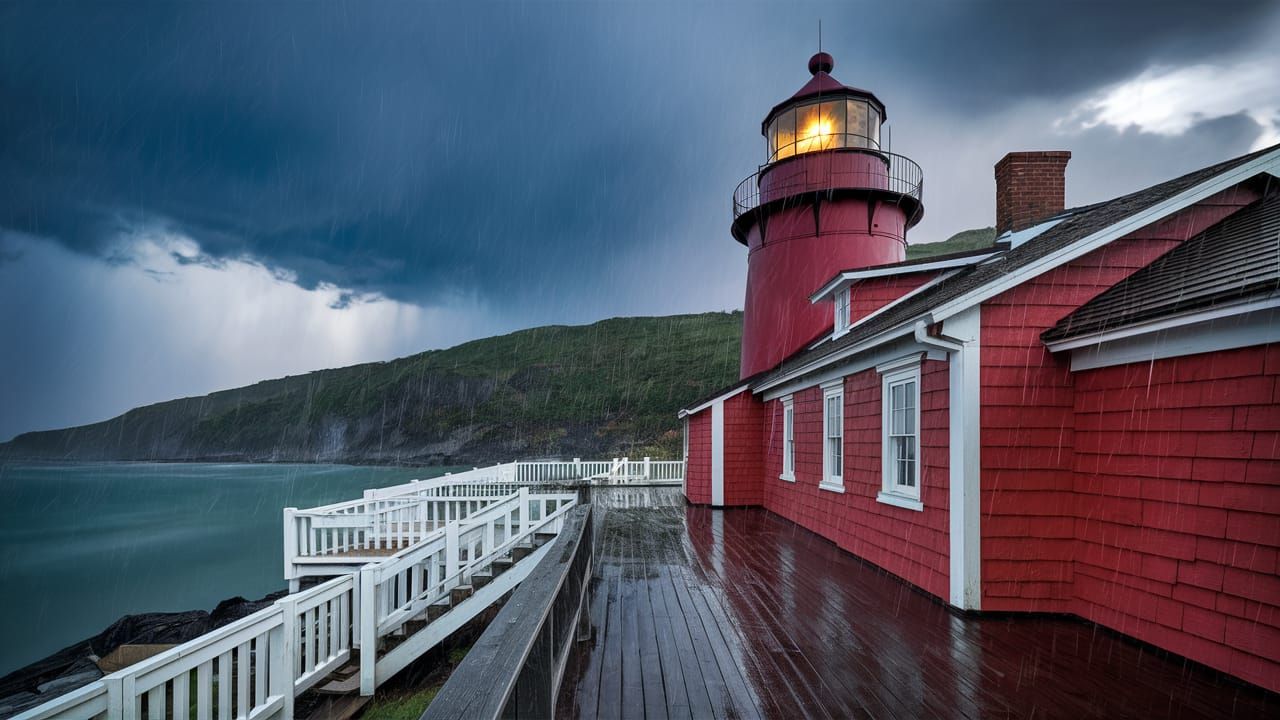 Coastal Scene with Red Lighthouse in Rutkowski Style