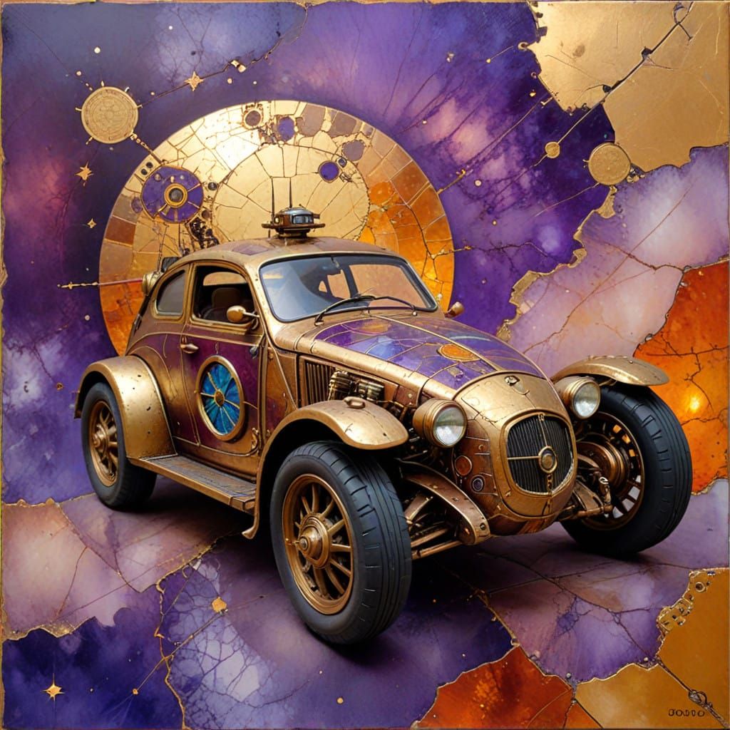 Steampunk Space Traveling Automobile in Vibrant Impasto Styl...