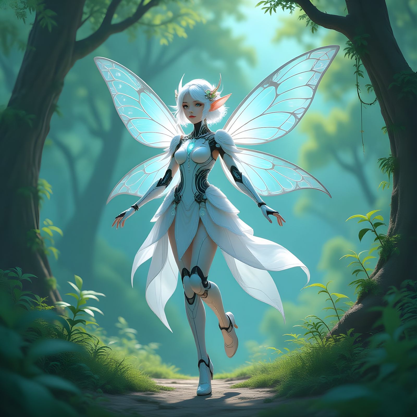 Ghibli-Style Fairy Android in Biomech Forest