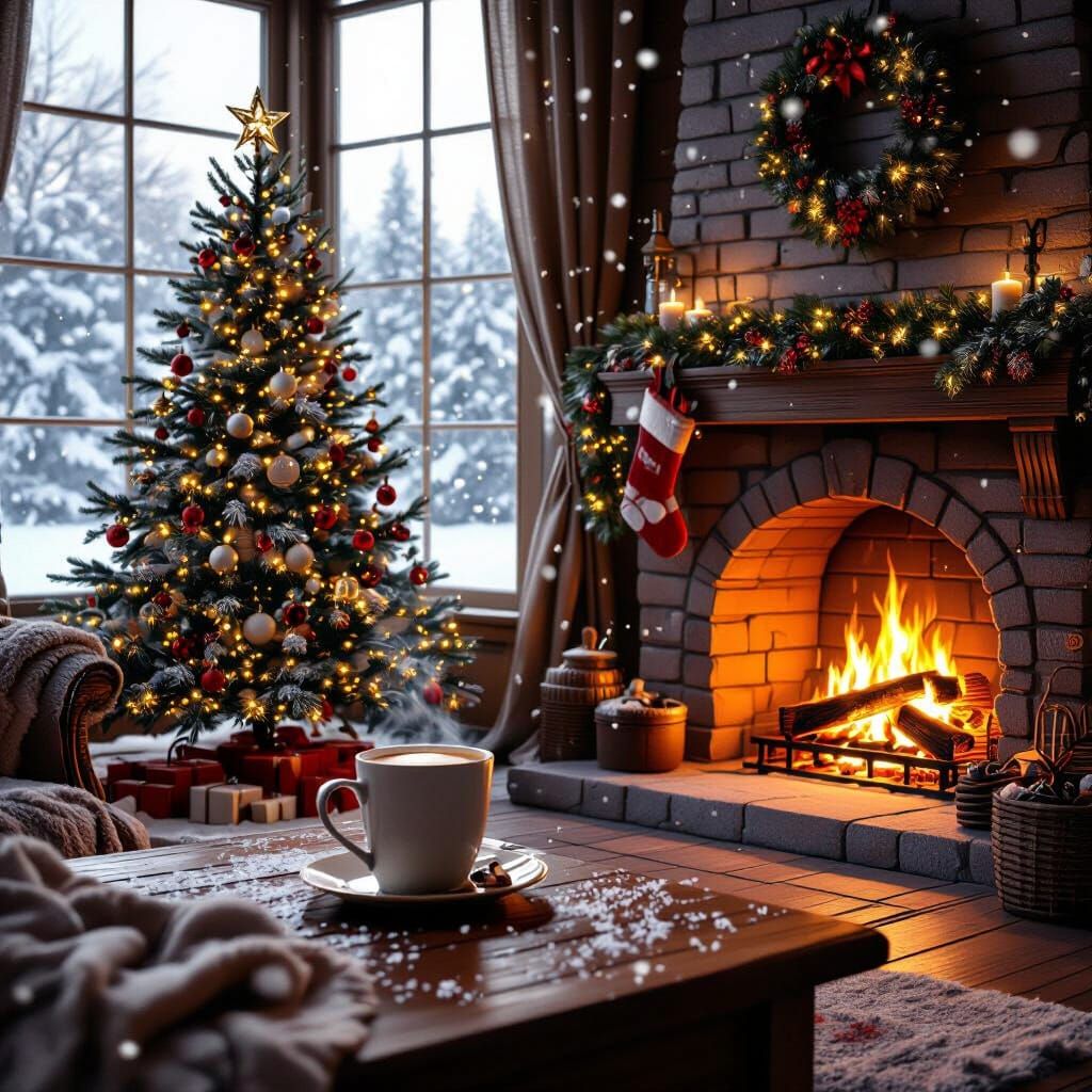 Cozy Christmas Living Room Scene with Snowfall