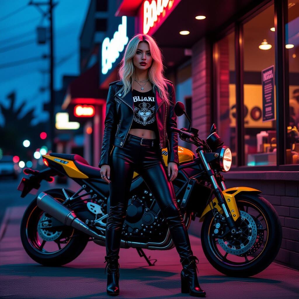 Japanese Woman in Leather with Yamaha Motorcycle at Night