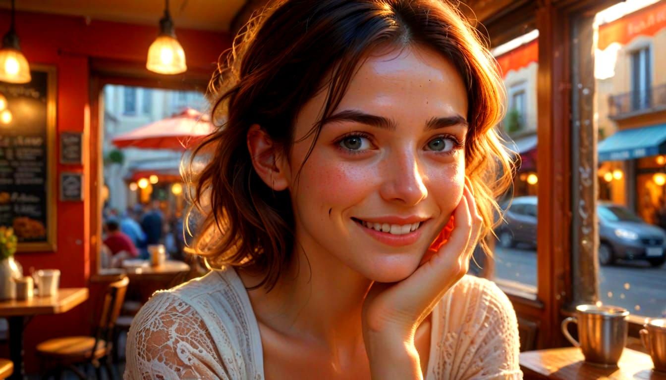 Smiling French Woman in Sunlight at Cafe