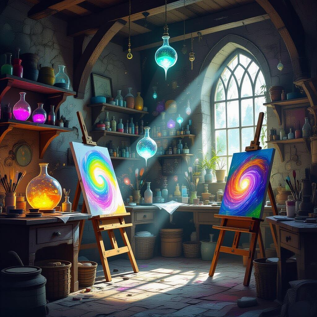 Whimsical Artist Studio Interior with Magical Elements