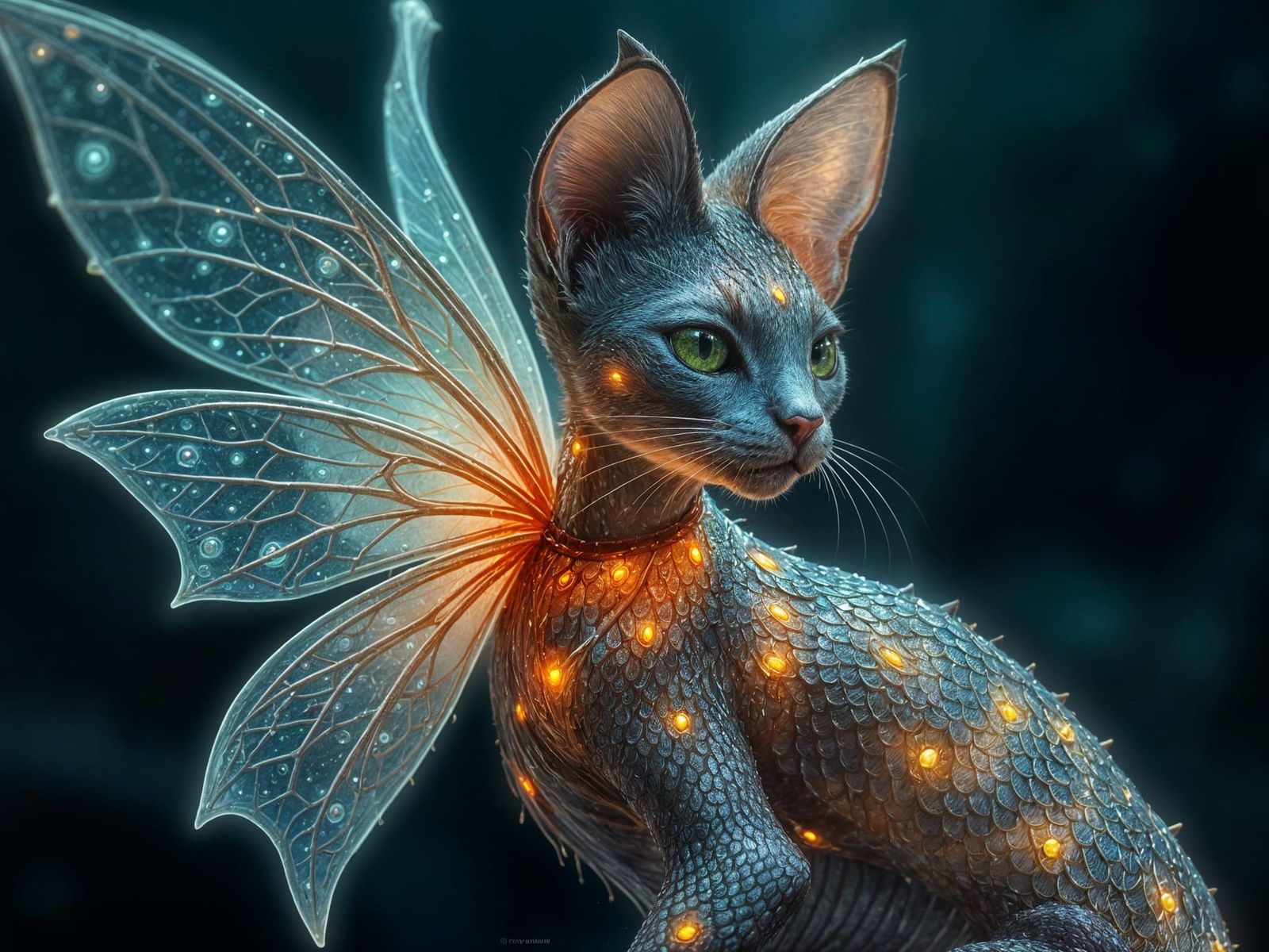 Bioluminescent Fairy Cat with Metallic Scales