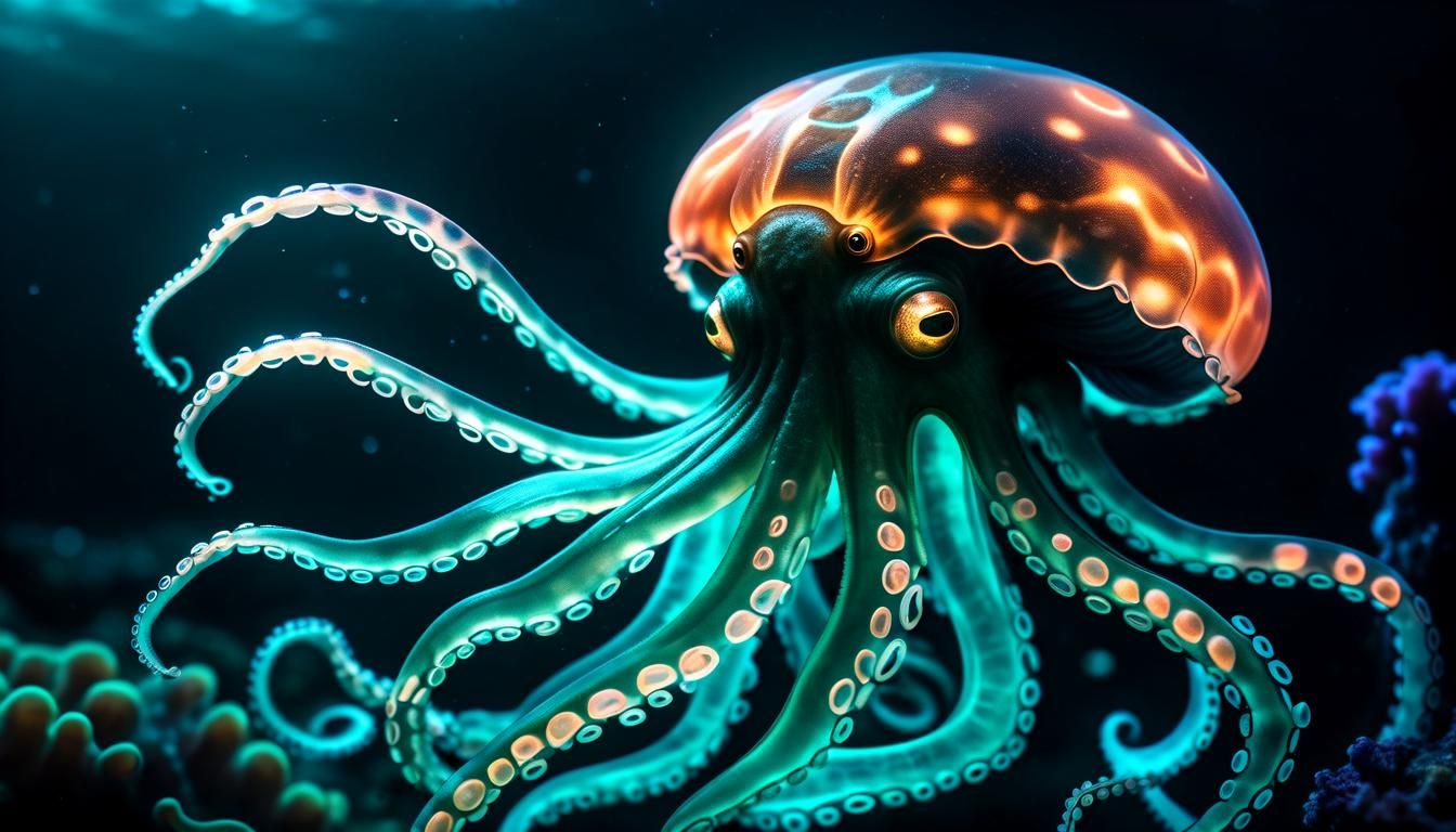 Bioluminescent Octopus Near Deep Ocean Laboratory