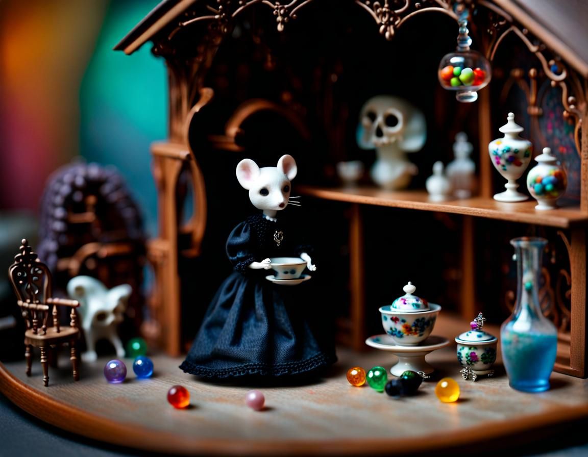 Gothic Dollhouse with Ghost and Mouse