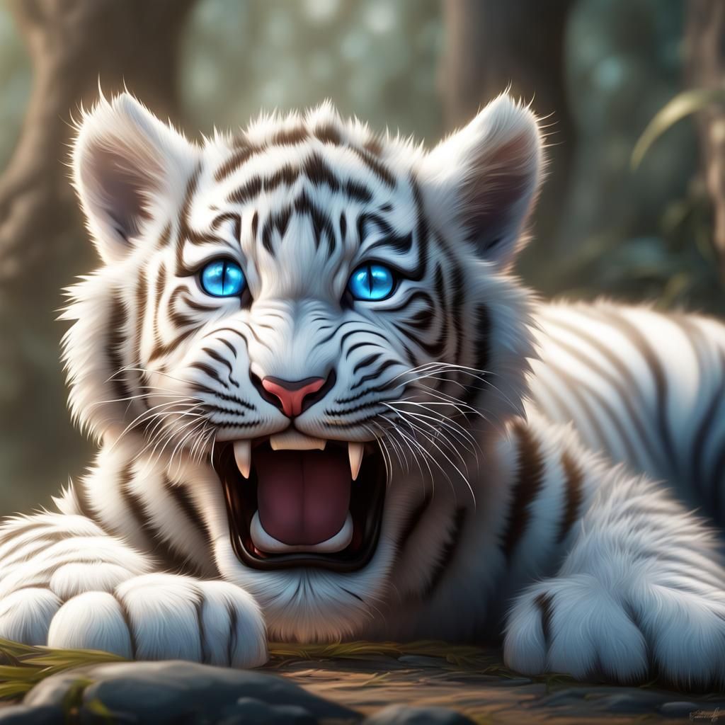 Awakening White Tiger Cub: Detailed Matte Painting