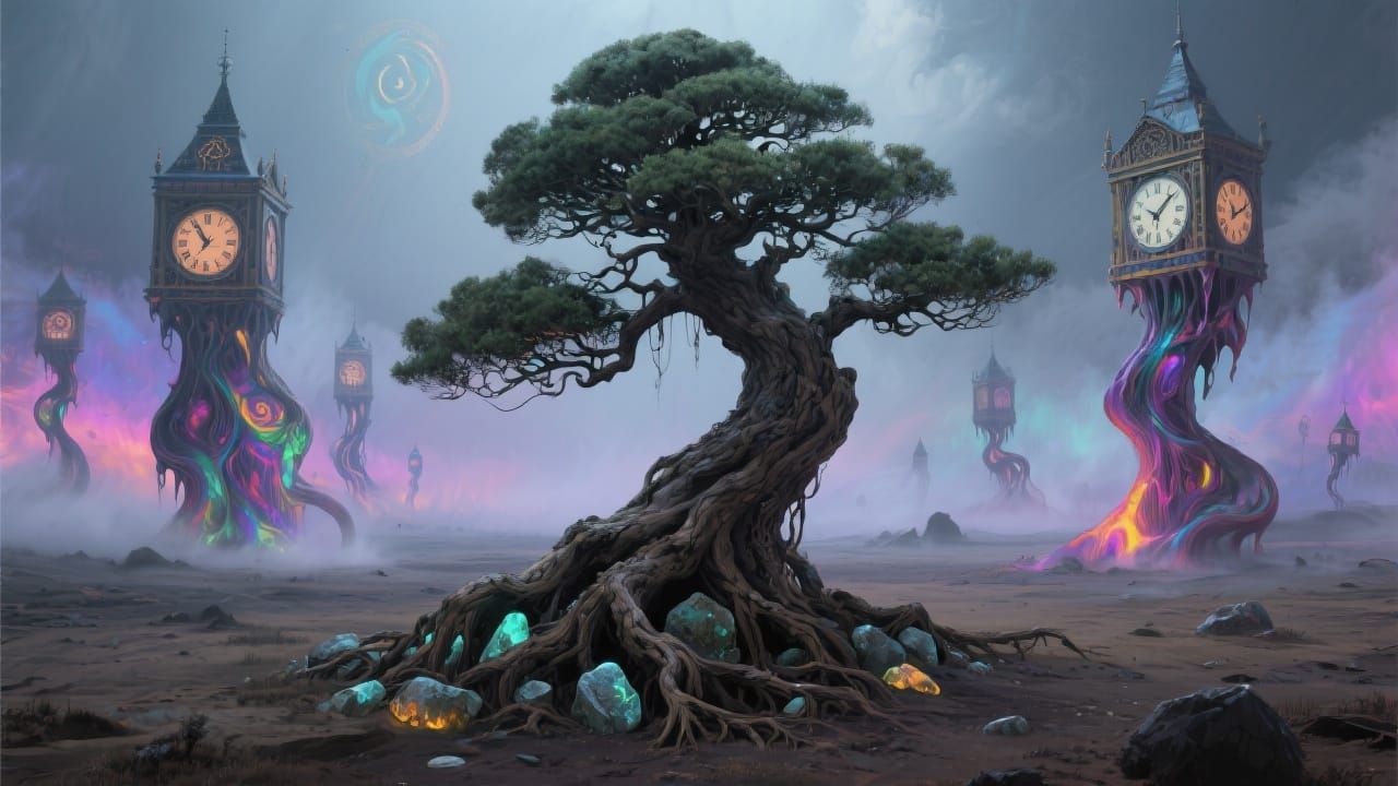 Surreal Bonsai Tree with Melting Clock Towers