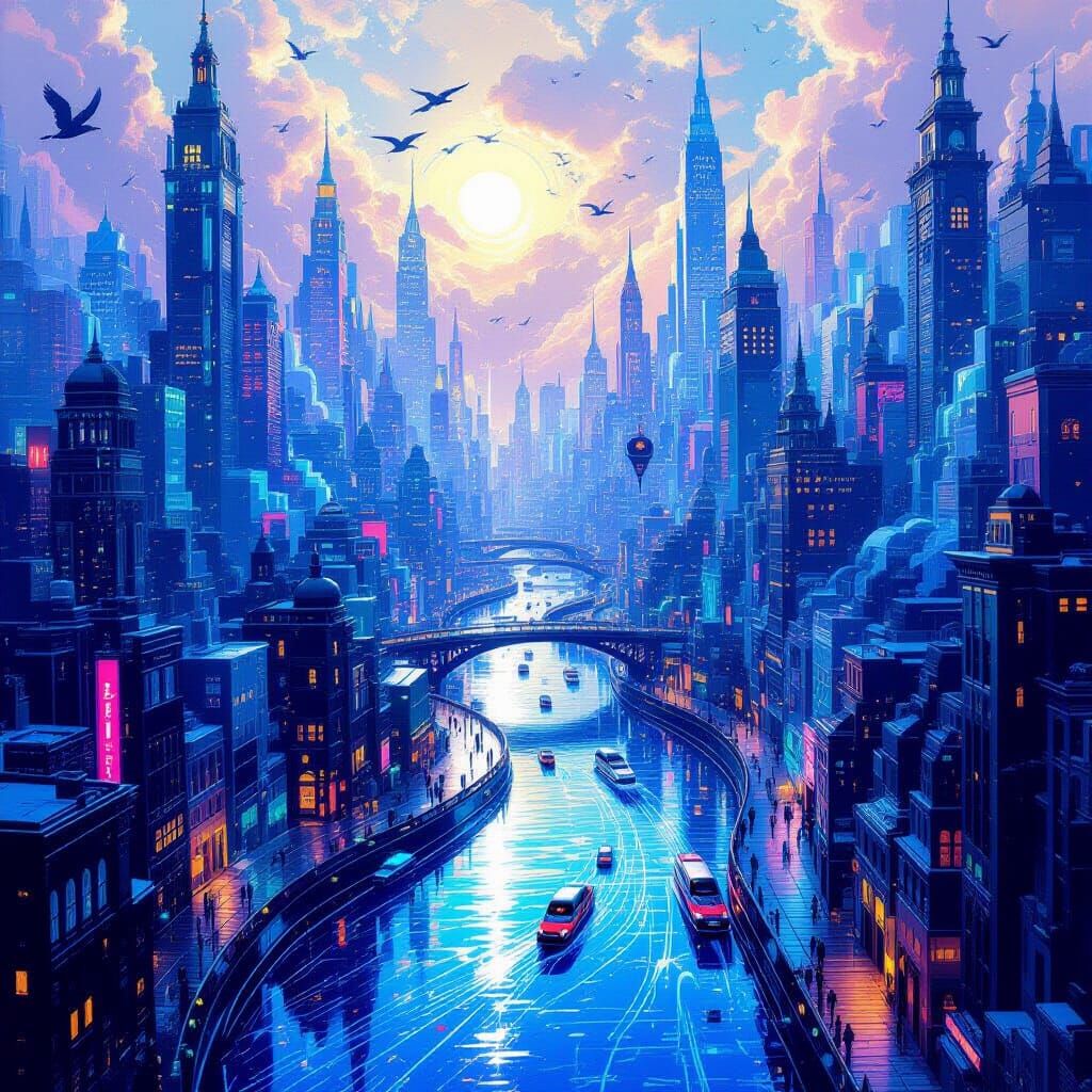 Abstract Cityscape of Musical Notes and Liquid Light