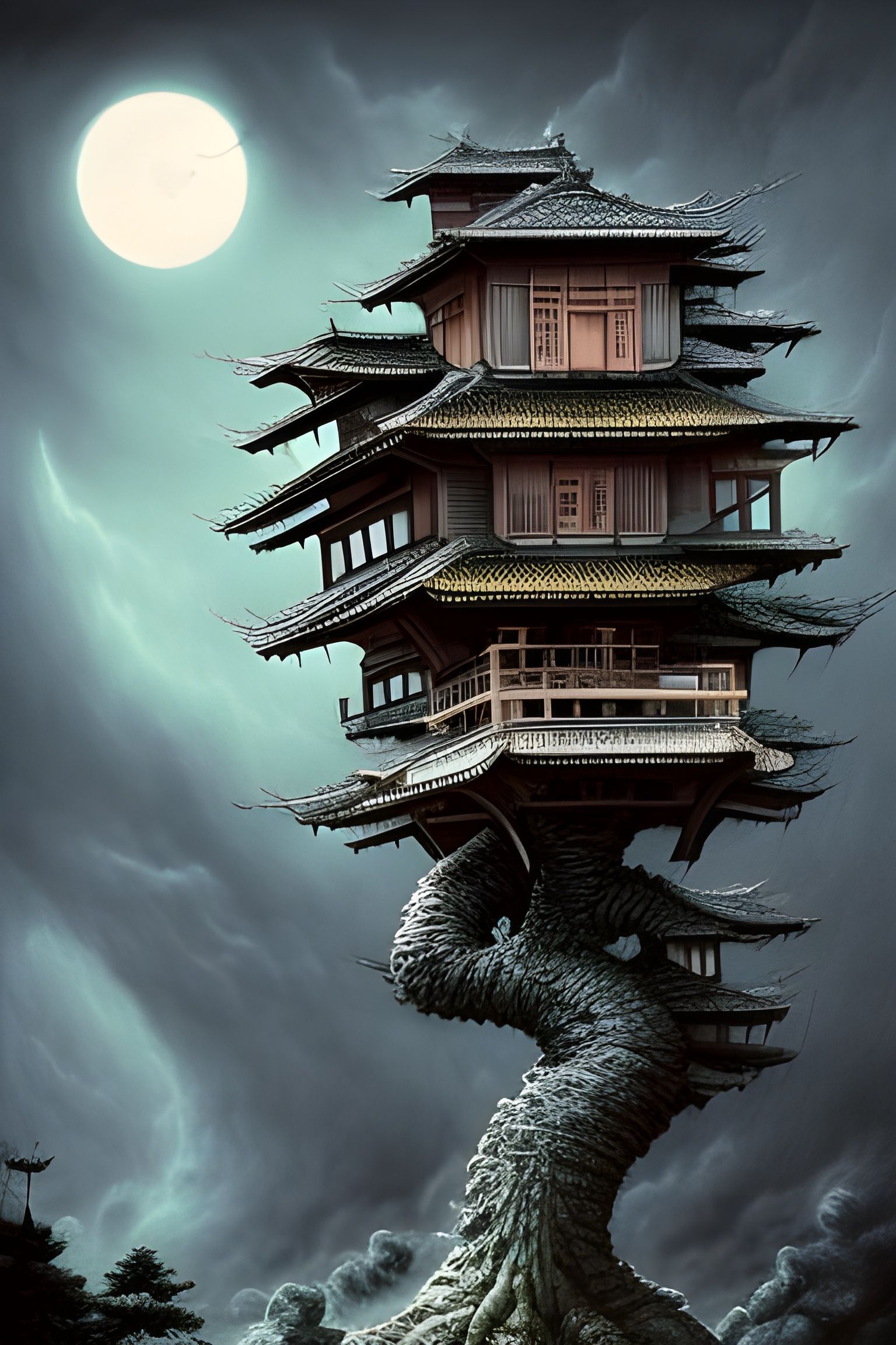 Horror Night Bonsai Village Digital Matte Painting