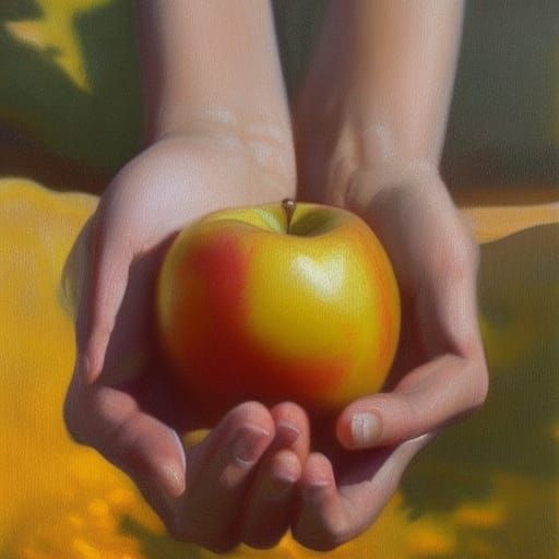 Hands Holding Apple in Oil Painting Style