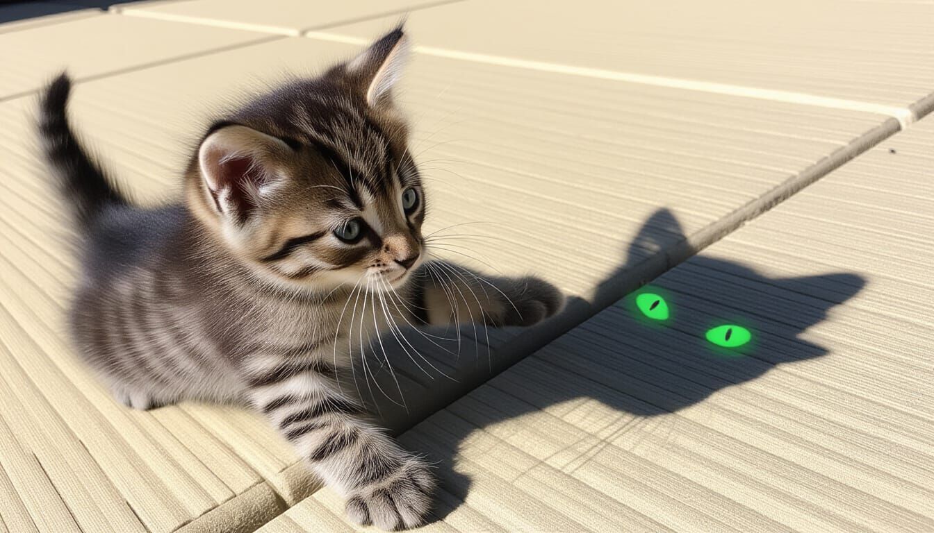 Kitten Plays With Shadow With Glowing Eyes