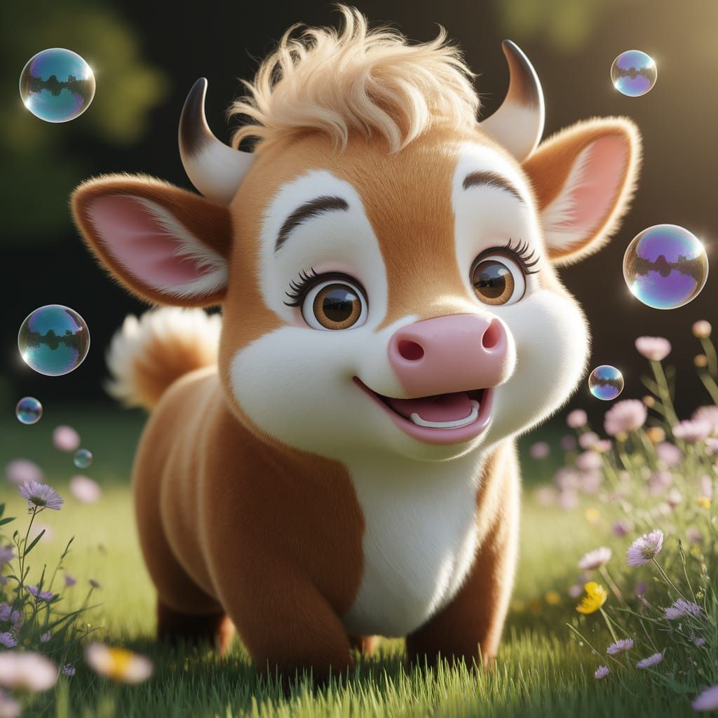 Joyful CGI Cartoon Bull Plays in Sunny Field
