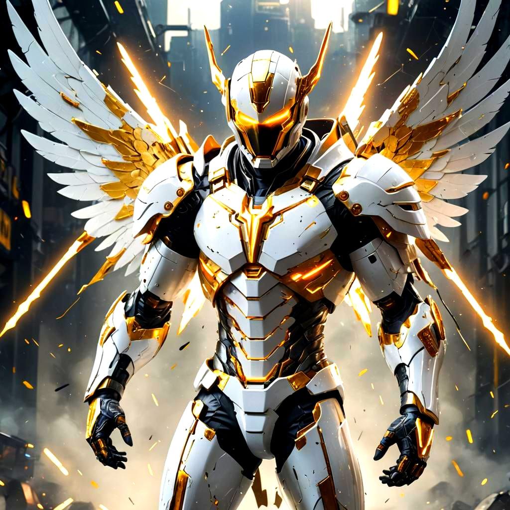 Cybernetic Superhero Swordsman in White Suit