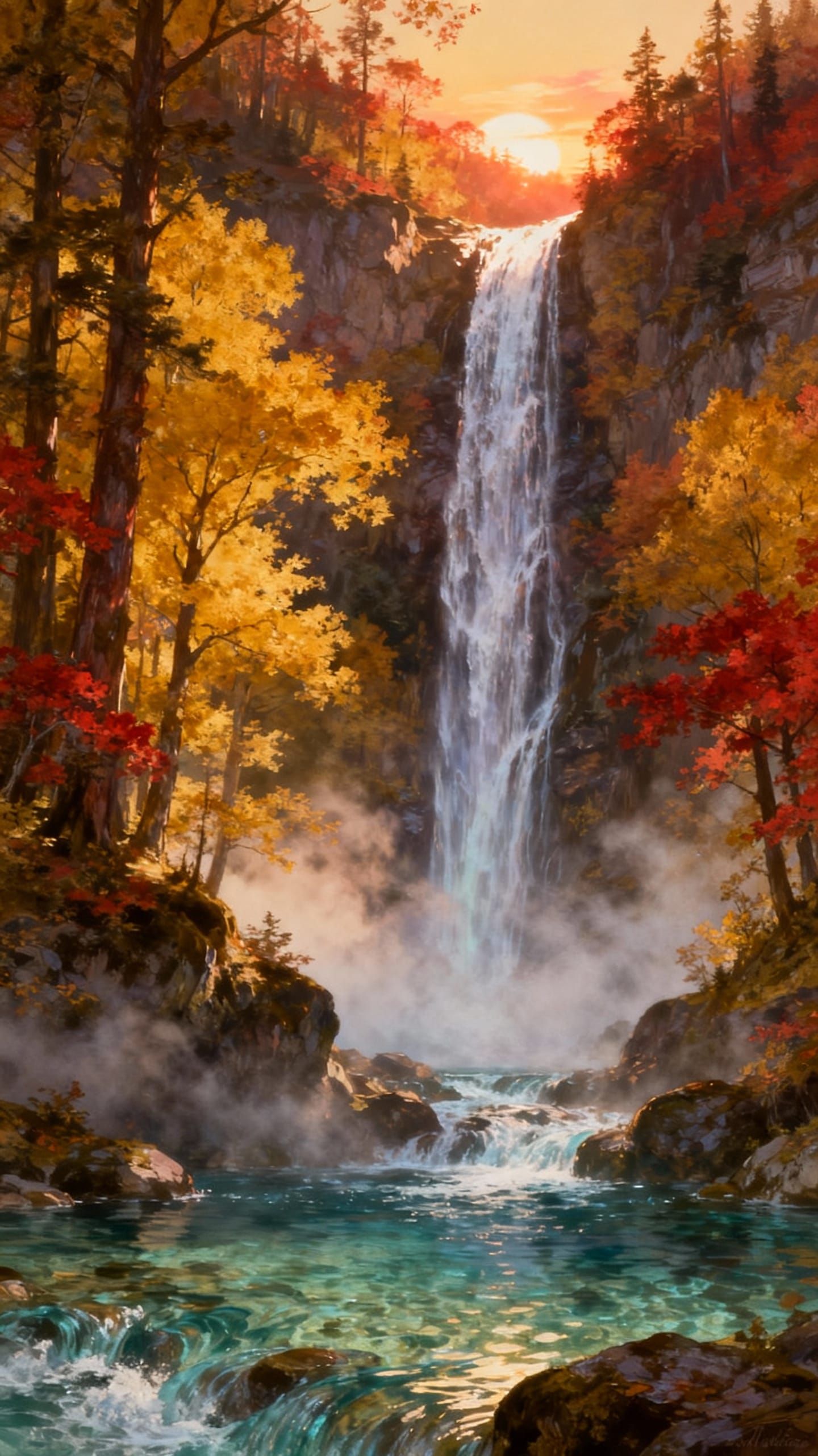 Autumn Waterfall in Fantasy Forest