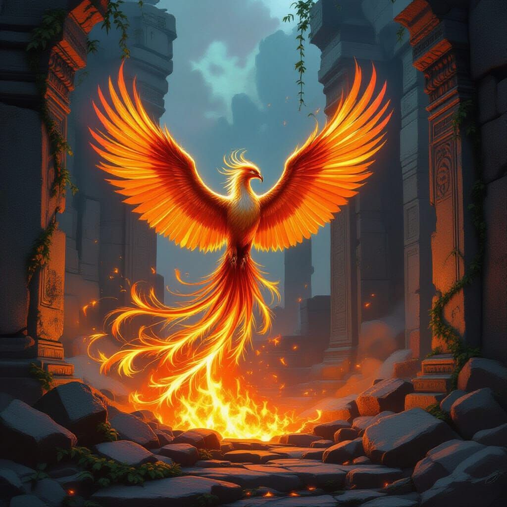 Majestic Phoenix Rises from Embers in Fantasy Art Style