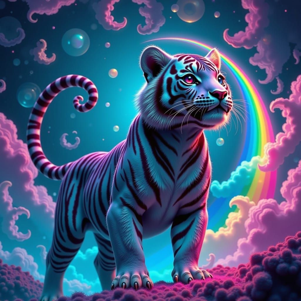 Iridescent Sabertooth Tiger in Astral Neon Dreamscape