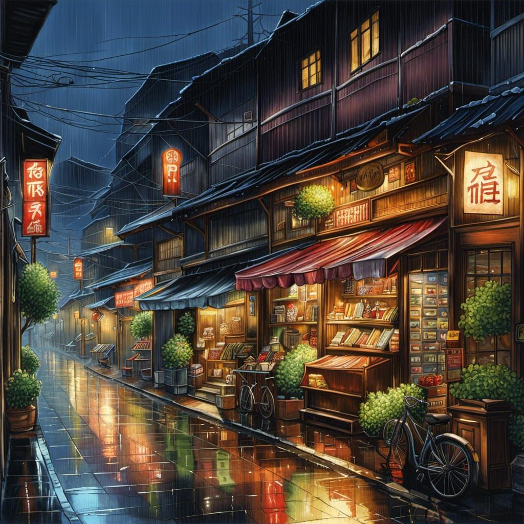 Rainy Anime City Street at Night in Manga Style
