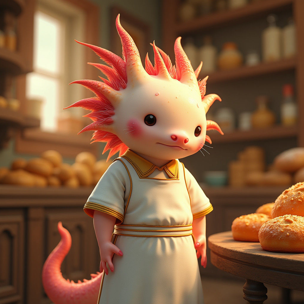 Realistic Axolotl Baker in Sun-Drenched Bakery