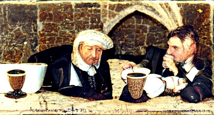Man in Suit and Peasant Share Coffee