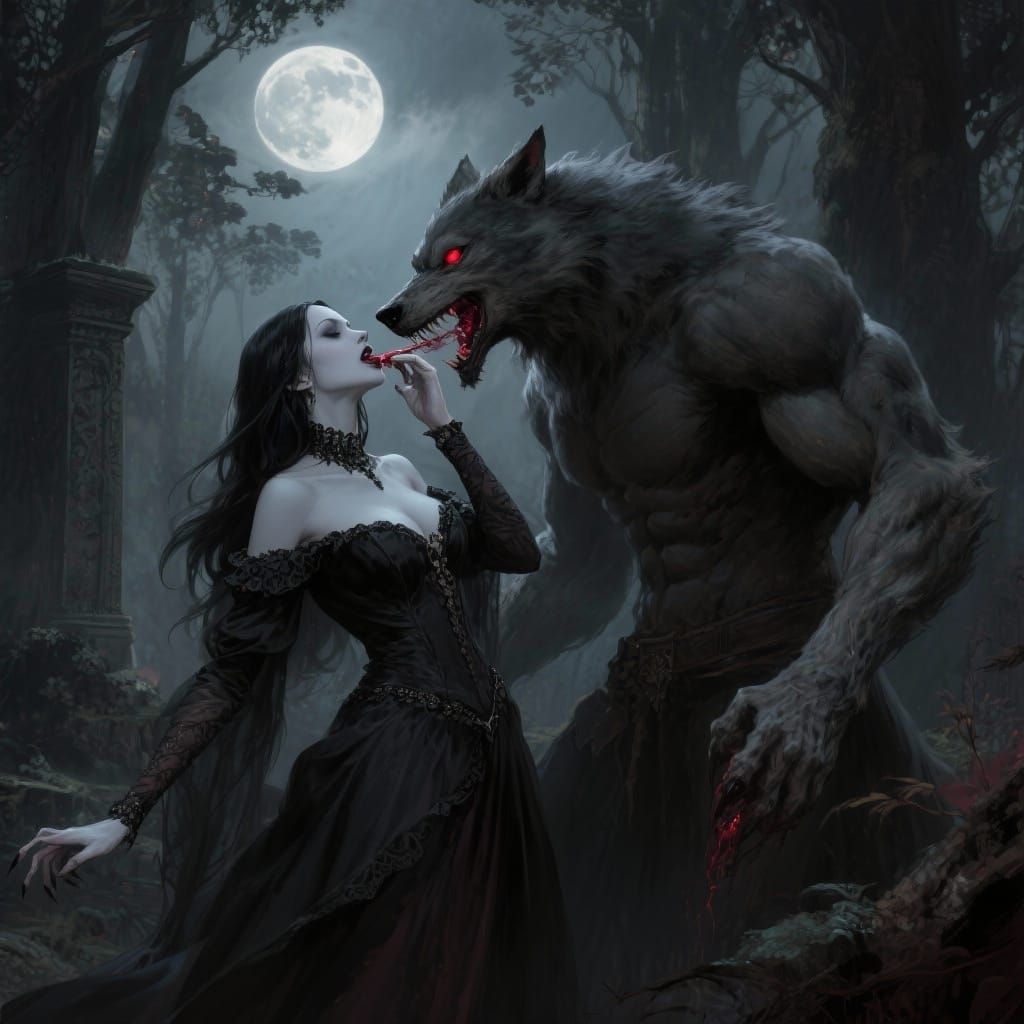 Gothic Vampire Feeds on Werewolf in Moonlit Forest