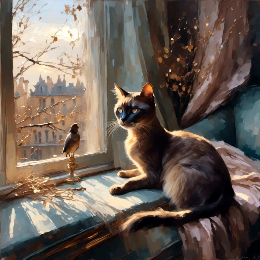 Ethereal Cat Contemplates Birds: Impressionist Painting
