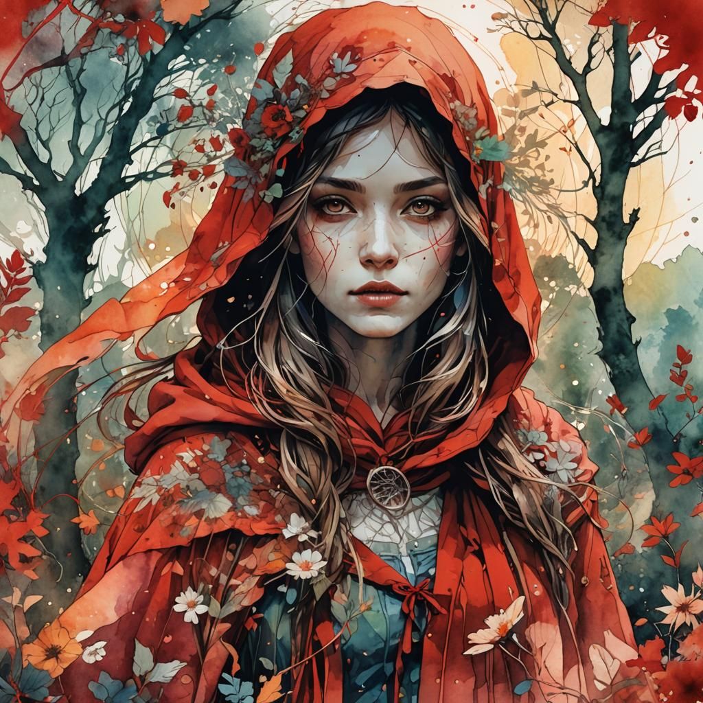 Red Riding Hood in Double Exposure Watercolor Illustration