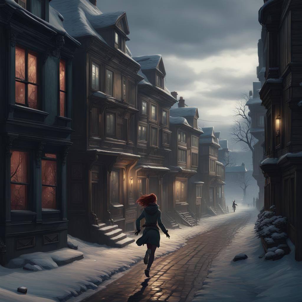 Snowy Street Run: Dark Fantasy Concept Art