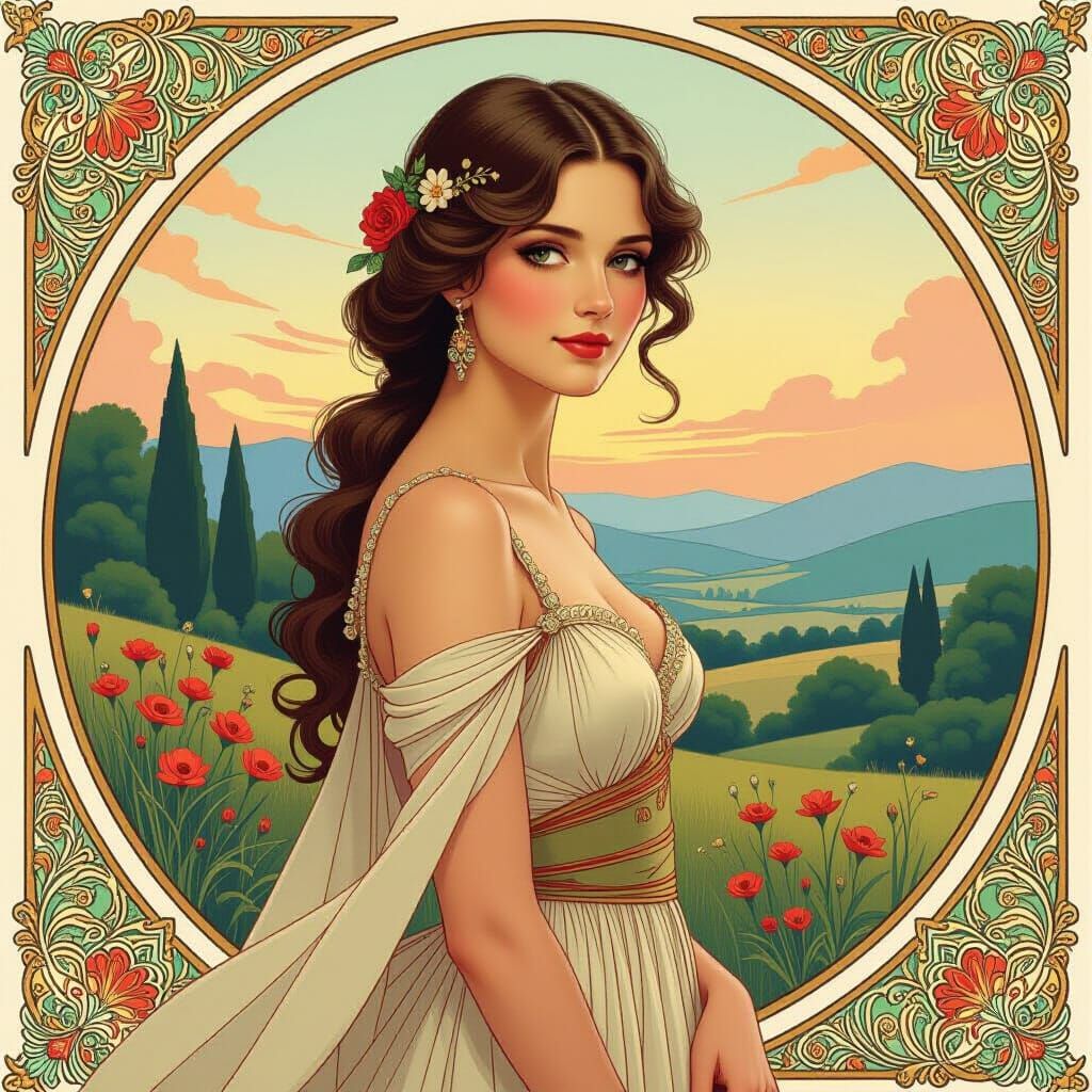 Elegant Woman in Serene Landscape, Art Nouveau Style