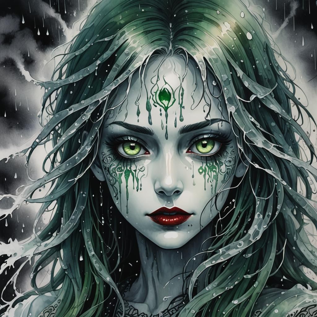 Eldritch Woman's Ghostly Face in Dark Fantasy Anime