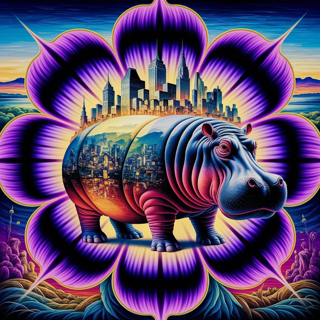 Surreal Hippo Cityscape in Quantum Flower