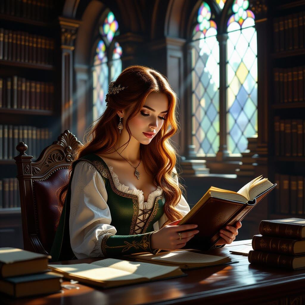 Medieval Library: Woman Reads Ancient Tome