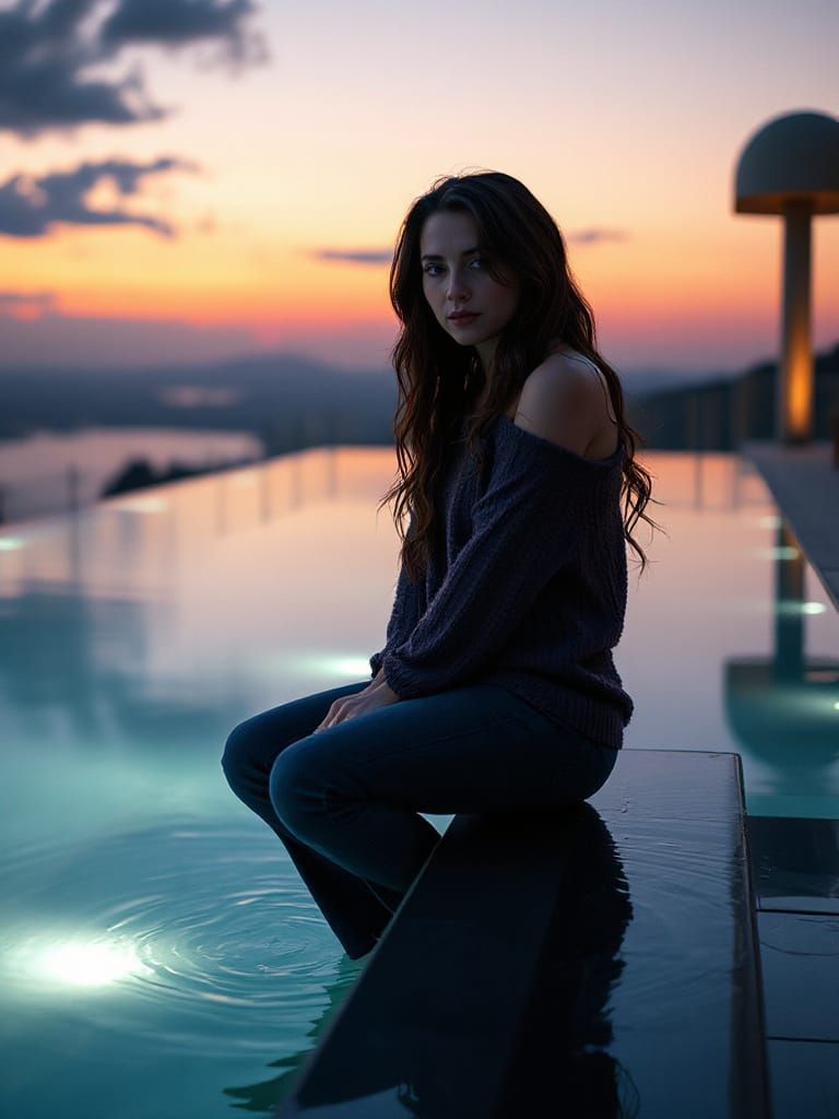 Woman at Infinity Pool in Photorealistic Style