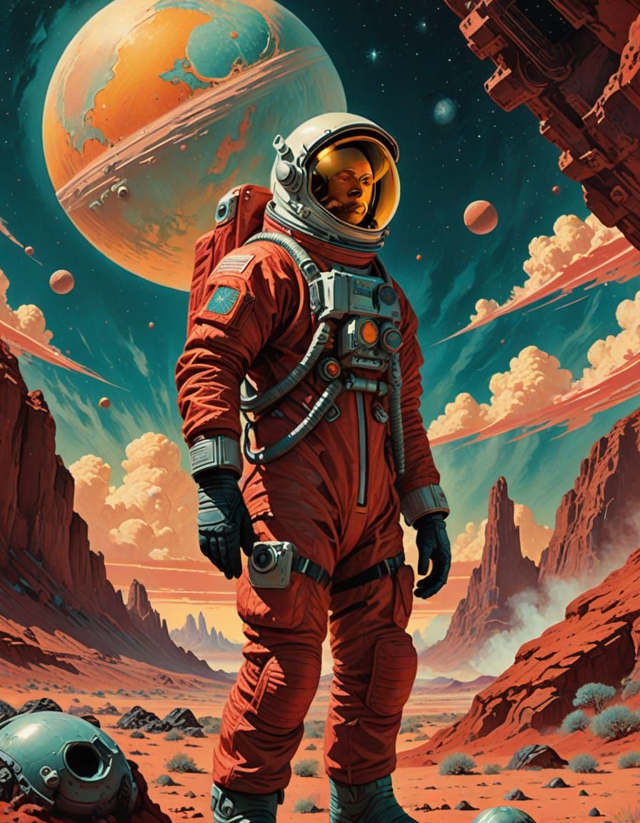 Retro-Futuristic Space Explorer on a Dusty Alien Planet