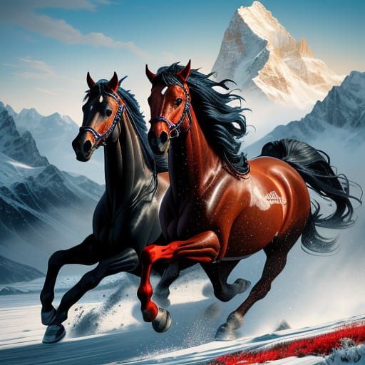 Red Horses Galloping Through Alps Puzzle Concept Art